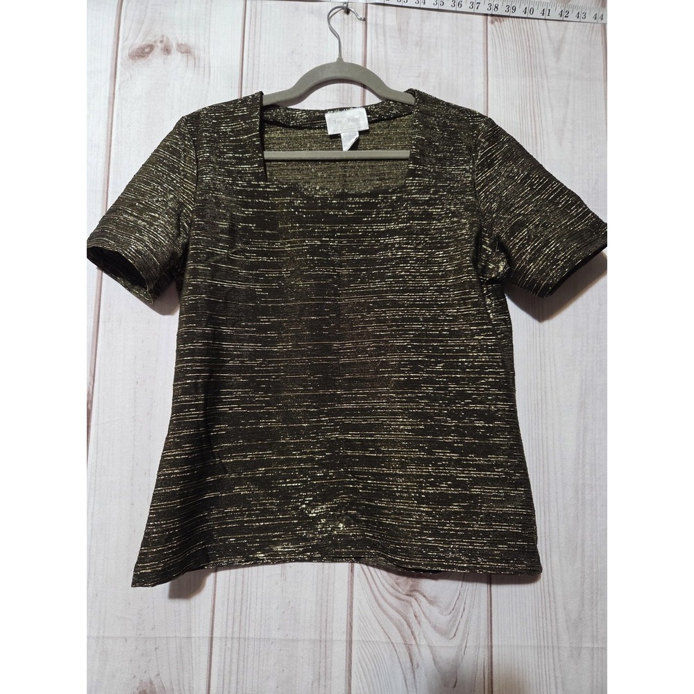 Vue Point Shirt Womens Large Gold Metallic Square Neck Short Sleeve Glitter Top‎